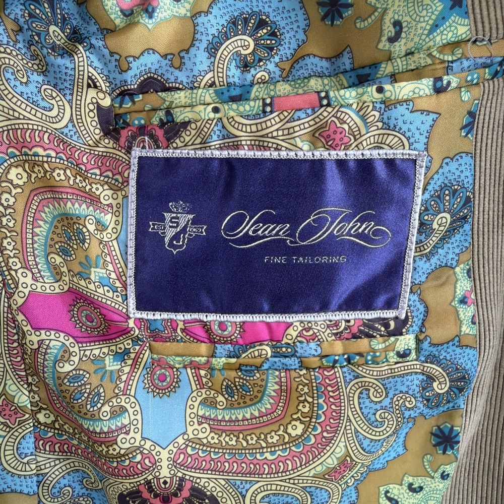 Sean John Blazer Mens 42L Long Green Corduroy Sport Coat Paisley Lined - Picture 4 of 13